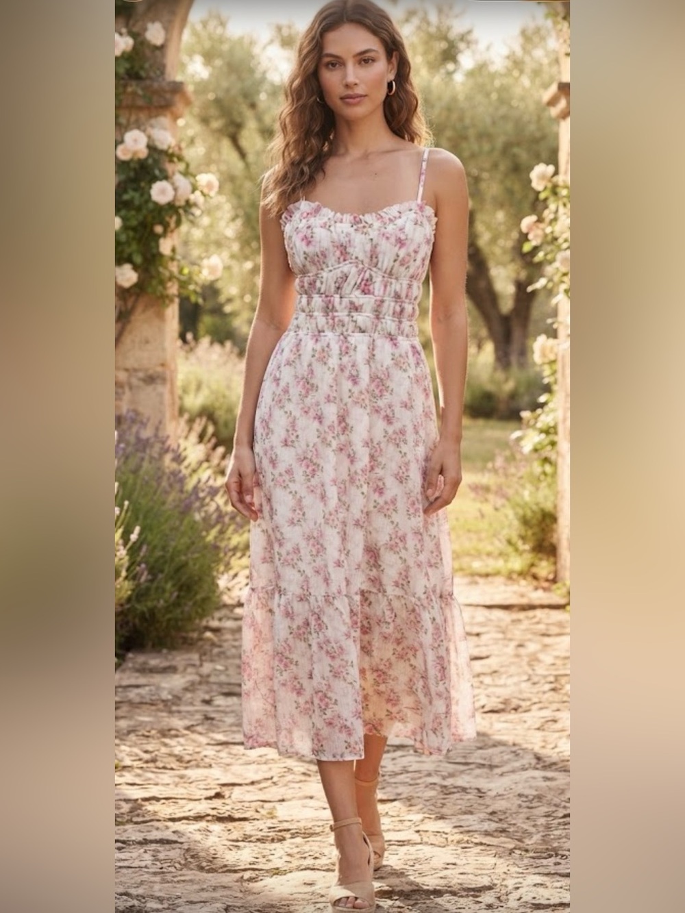 Storia White Midi Dress with Pink Floral Print